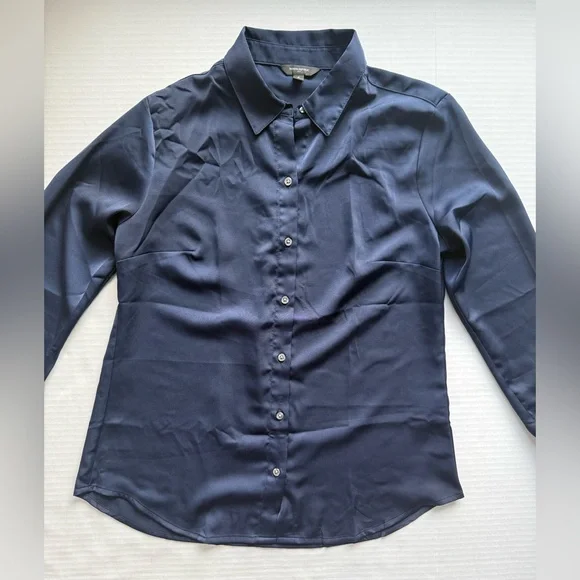 Banana Republic Factory Silky Classic Shirt Button-Up Preppy Navy Size S - Picture 5 of 11
